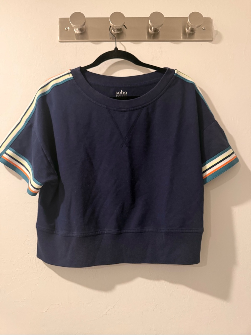 Soho Navy Short-Sleeve Crewneck Sweatshirt with Multi-Color Stripe Trim